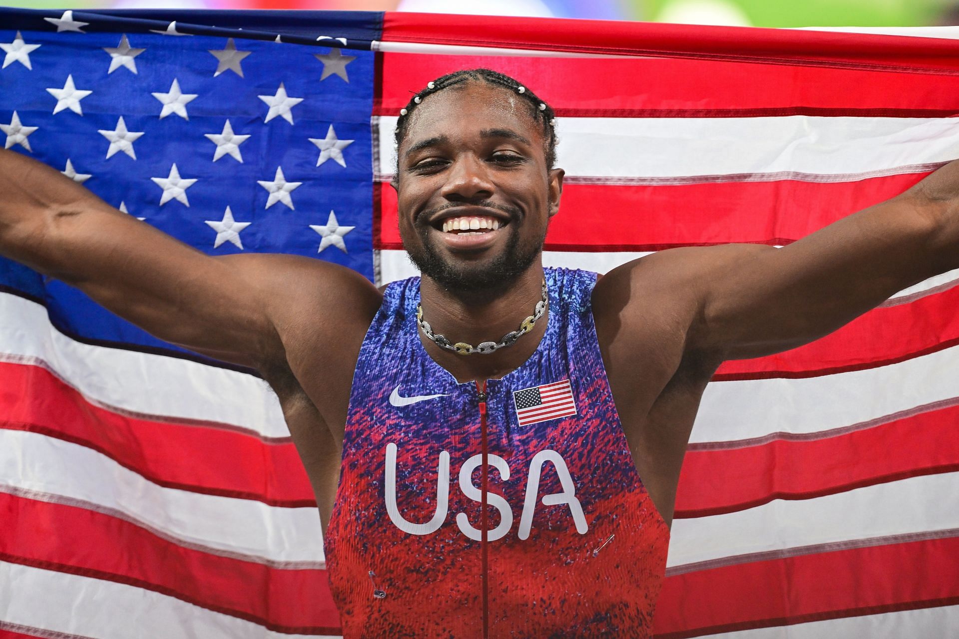 Noah Lyles of USA celebrates after winning the 100m finals at Paris Olympics 2024 [Image Sources: Getty]