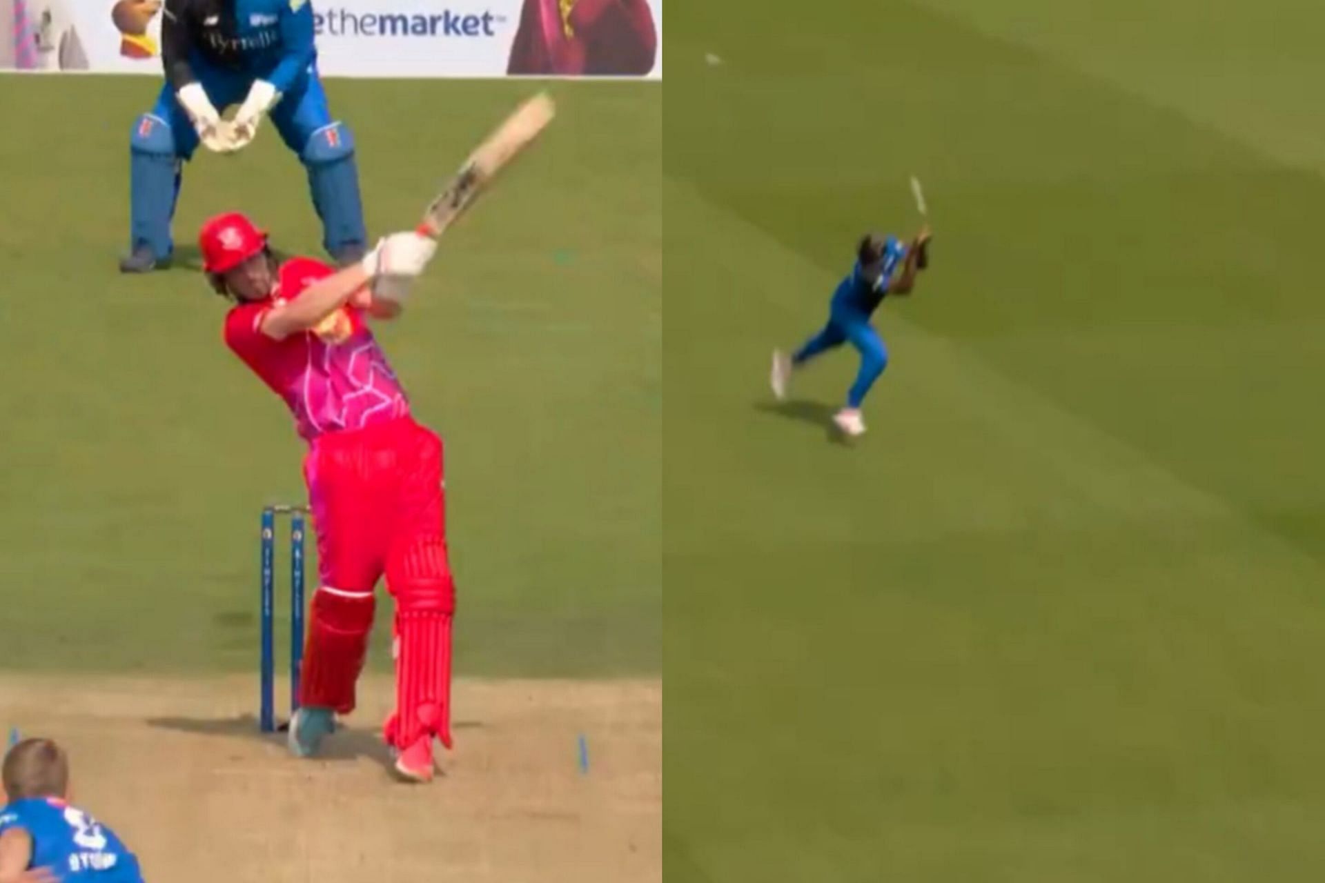 Andre Russell takes a brilliant catch running backward to dismiss Tom Kohler-Cadmore (Image via X/@thehundred)