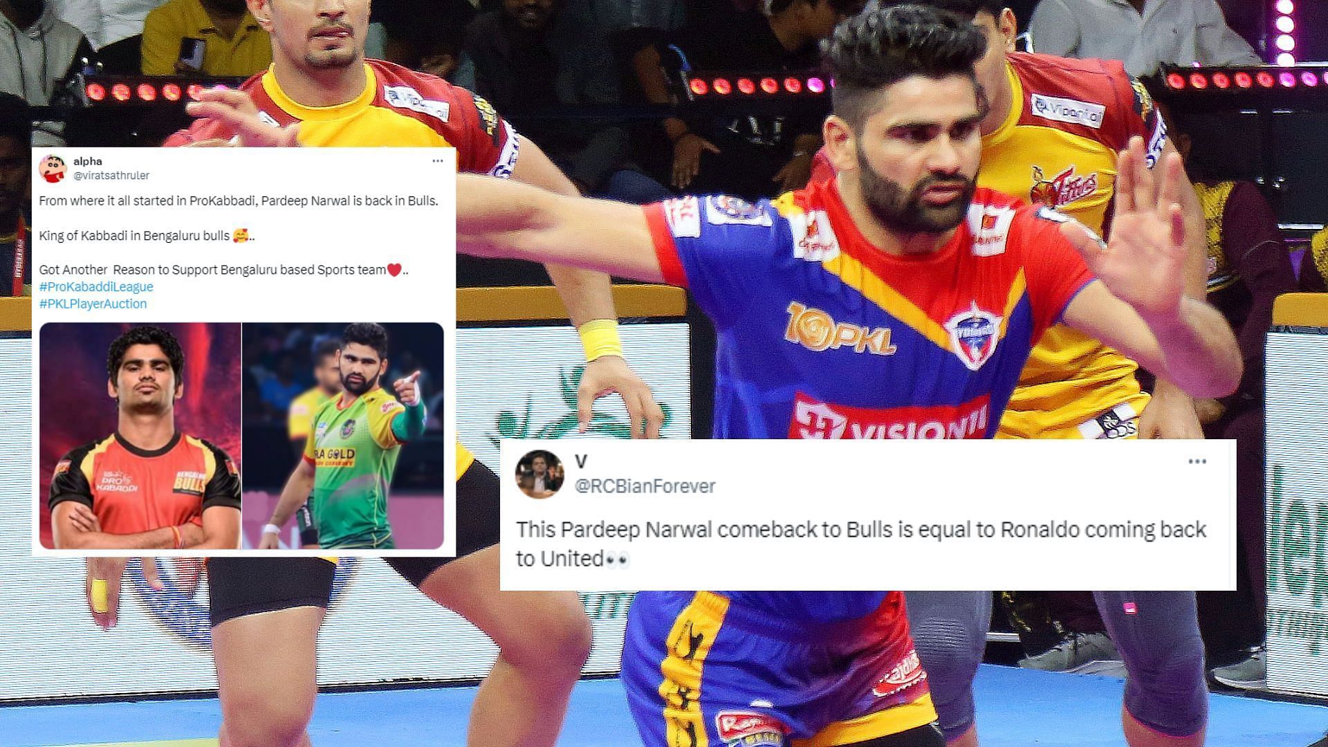 &quot;From where it all started&quot; - Fans left excited as Pardeep Narwal returns to Bengaluru Bulls after 9 years after Pro Kabaddi 2024 Auction, Image by PKL Media, @RCBianForever/X, @viratsathruler/X