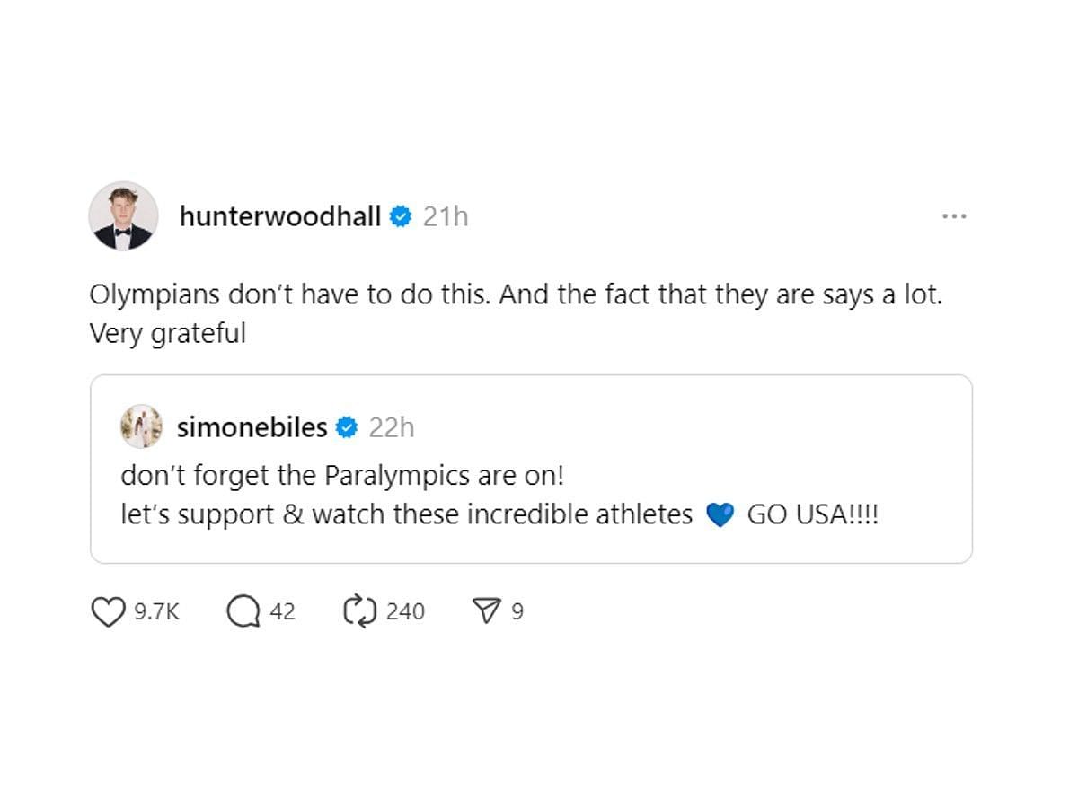 Hunter Woodhall&#039;s reply to Simone Biles (Image via Threads)