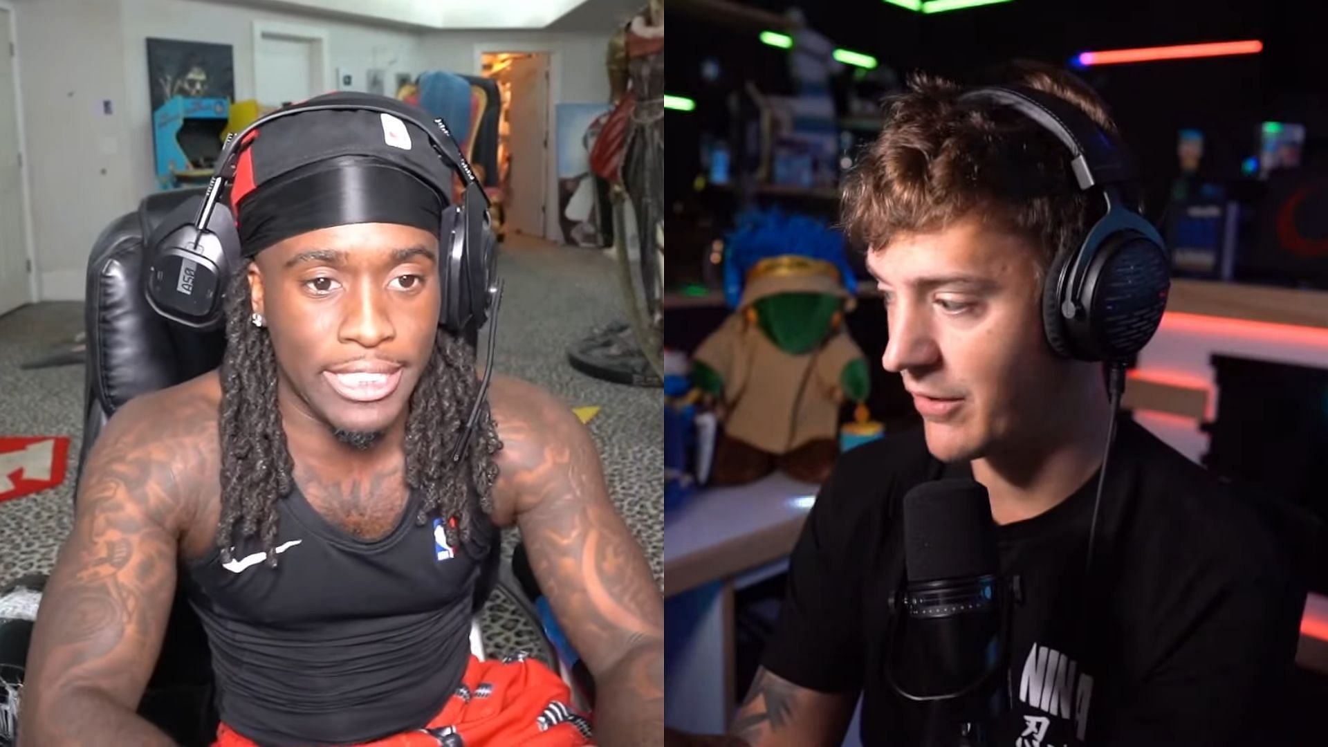 Kai Cenat calls out Ninja for insinuating he intentionally kept dying in Minecraft to prolong marathon (Image via Kai Cenat Live/YouTube, Ninja/YouTube)