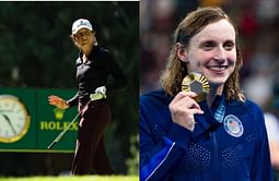 Swiss golfer Albane Valenzuela gets surprised by swimming legend Katie Ledecky at the Olympic golf event