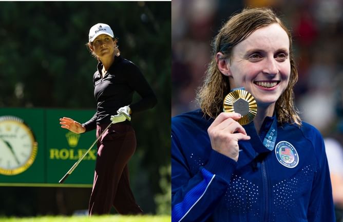Swiss golfer Albane Valenzuela gets surprised by swimming legend Katie Ledecky at the Olympic golf event