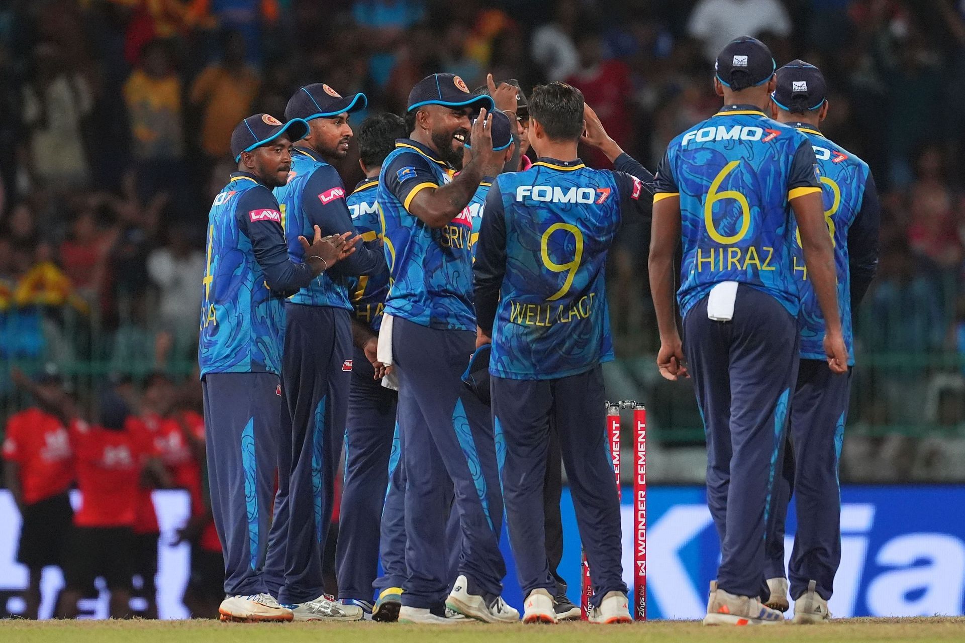 Sri Lankan players celebrate Arshdeep Singh’s dismissal in Colombo. (Image Credits: Getty Images)