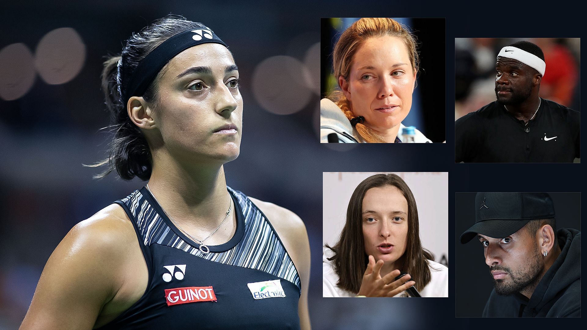 Caroline Garcia(left) and Danielle Collins(inset top left), Frances Tiafoe(inset top right), Iga Swiatek (inset bottom left), Nick Kyrgios(inset bottom right). Images: Getty