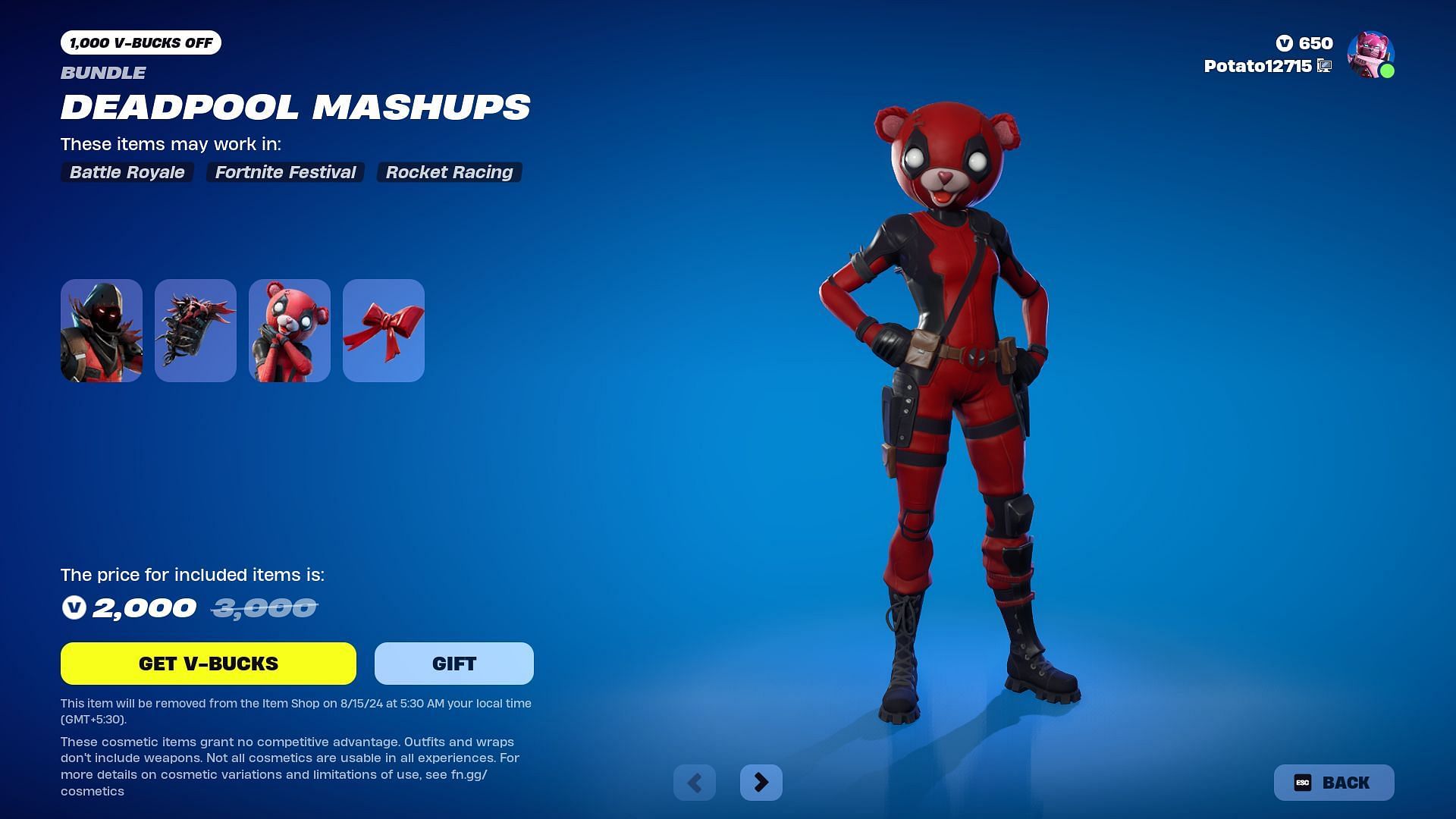 Ravenpool and Cuddlepool skins will remain listed until August 15, 2024 (Image via Epic Games)