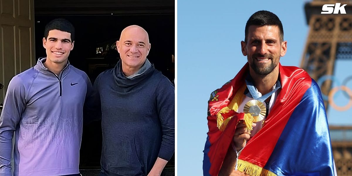 (Left to Right) Carlos Alcaraz, Andre Agassi, Novak Djokovic (Source: @agassi on Instagram; Getty Images)