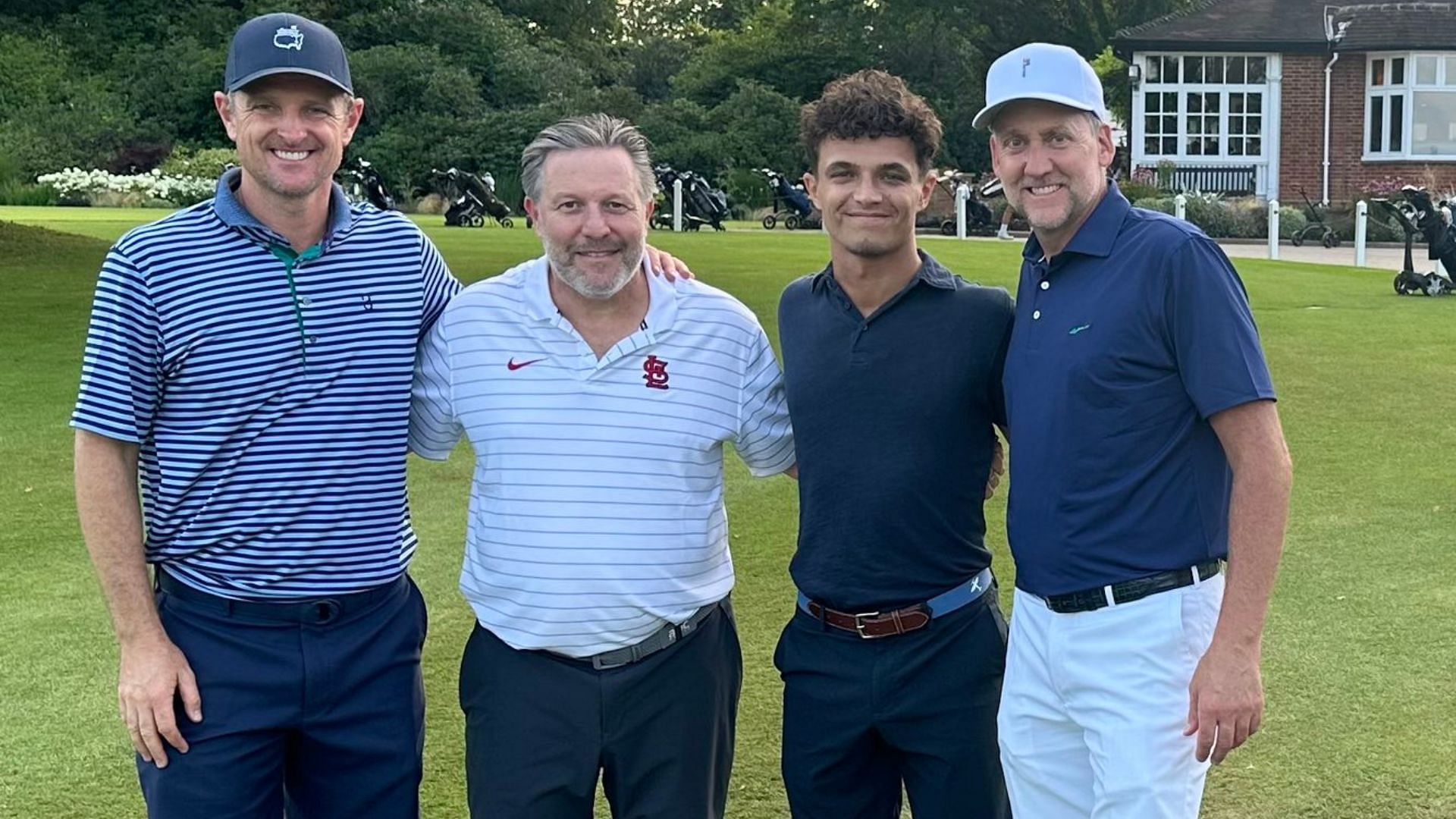 Justin Rose, Ian Pouler, Lando Norris, and Zak Brown enjoy a round of golf. Image via X @ZBrownCEO