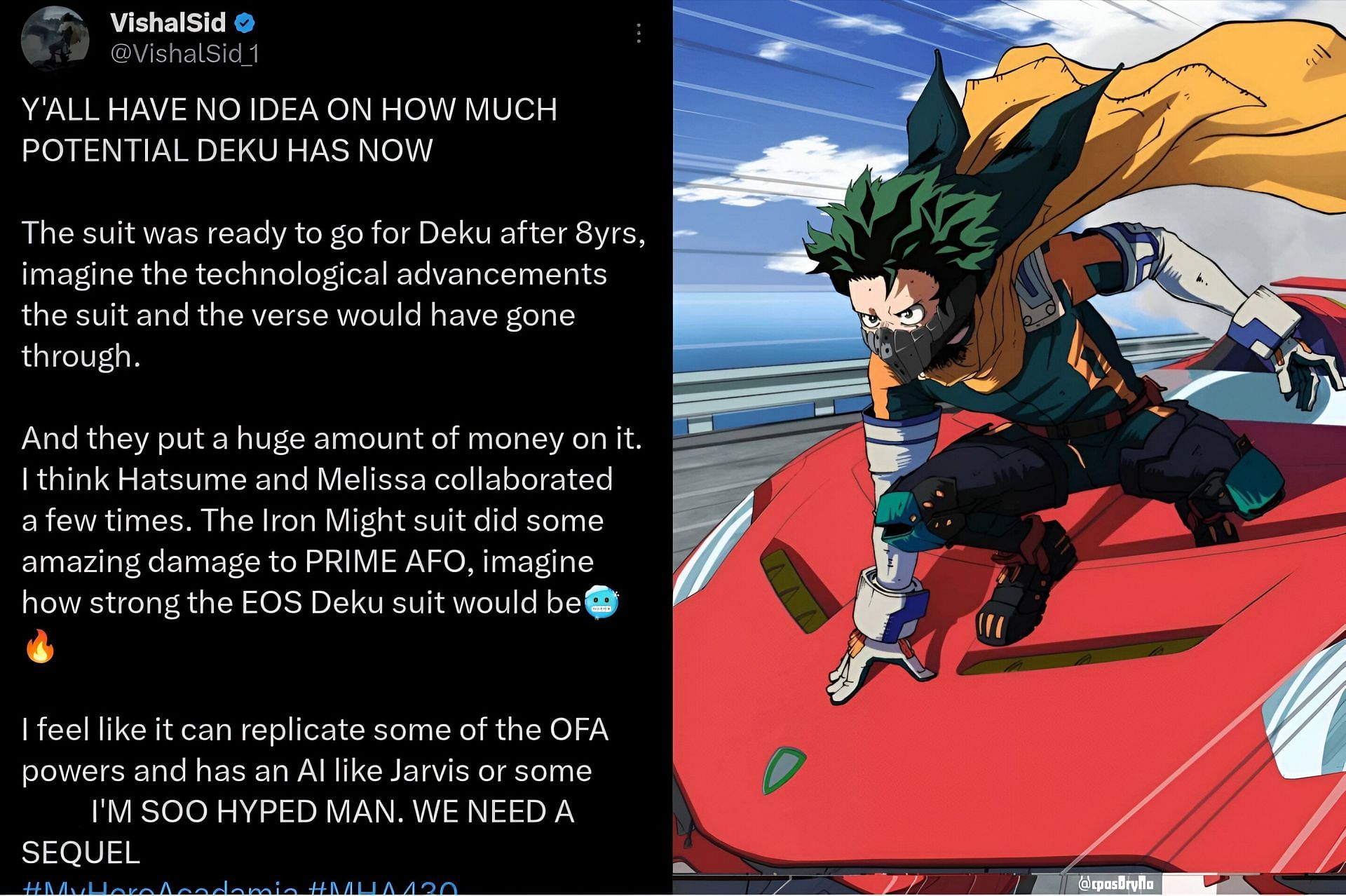 A fan appreciating the lore of Deku&#039;s new suit after the series&#039; climax (Image via X/VishalSid_1)