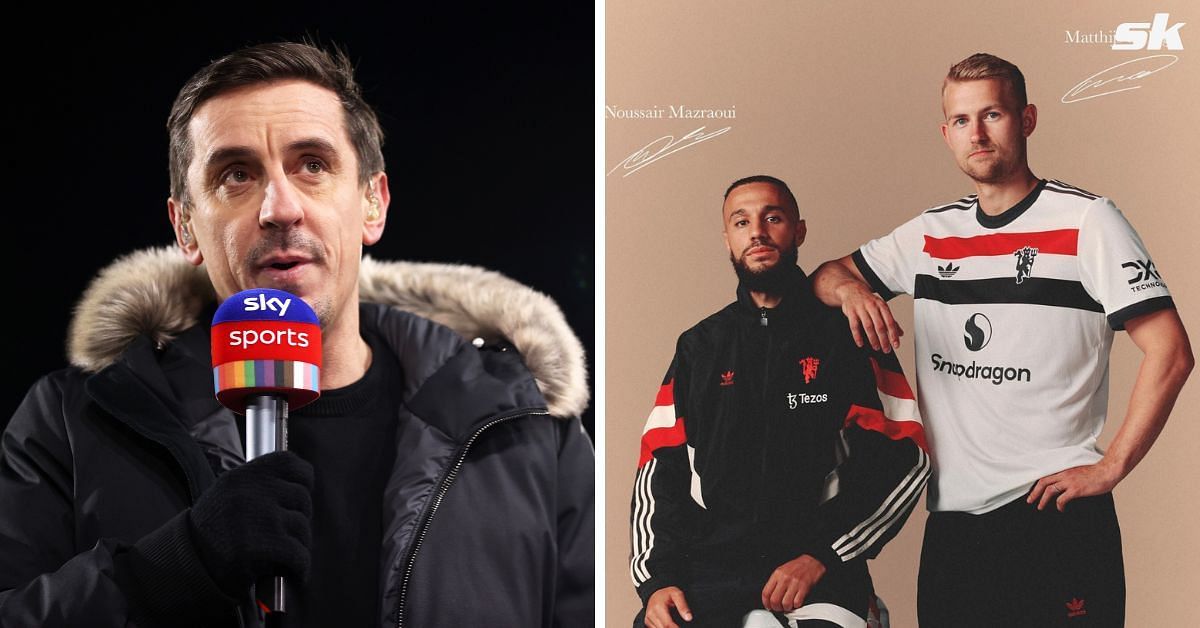 Gary Neville (left); Noussair Mazraoui and Matthijs de Ligt (right) [Getty, Manchester United/Instagram]