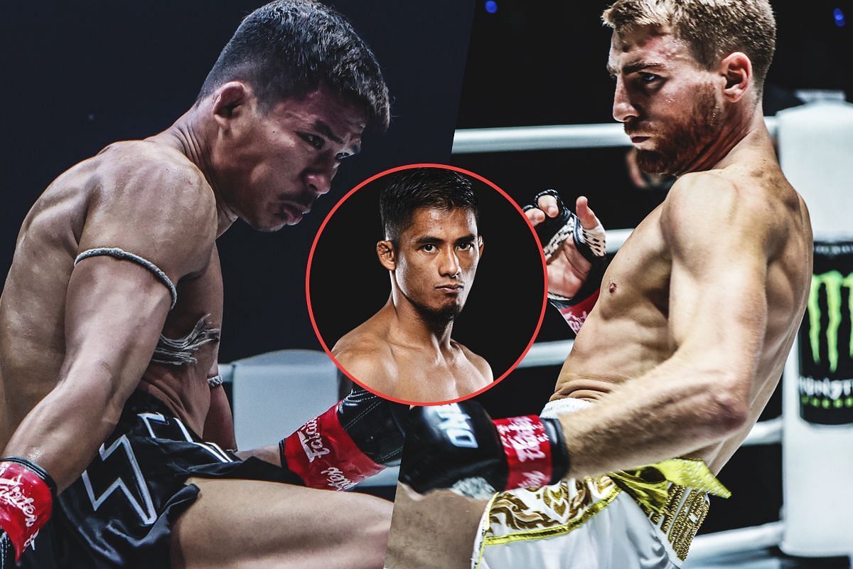 Superlek Kiatmoo9 (left) and Jonathan Haggerty (right) with Stephen Loman | Image credit: ONE Championship