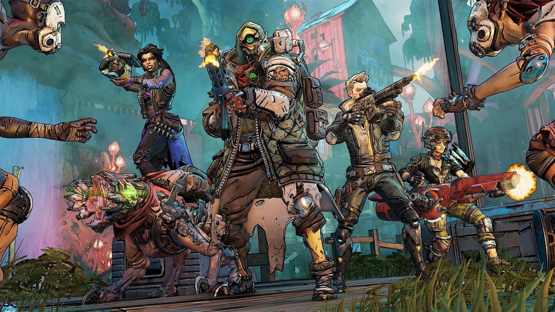 Some Borderlands 3 weapons in action (Image via borderlands.2k.com)