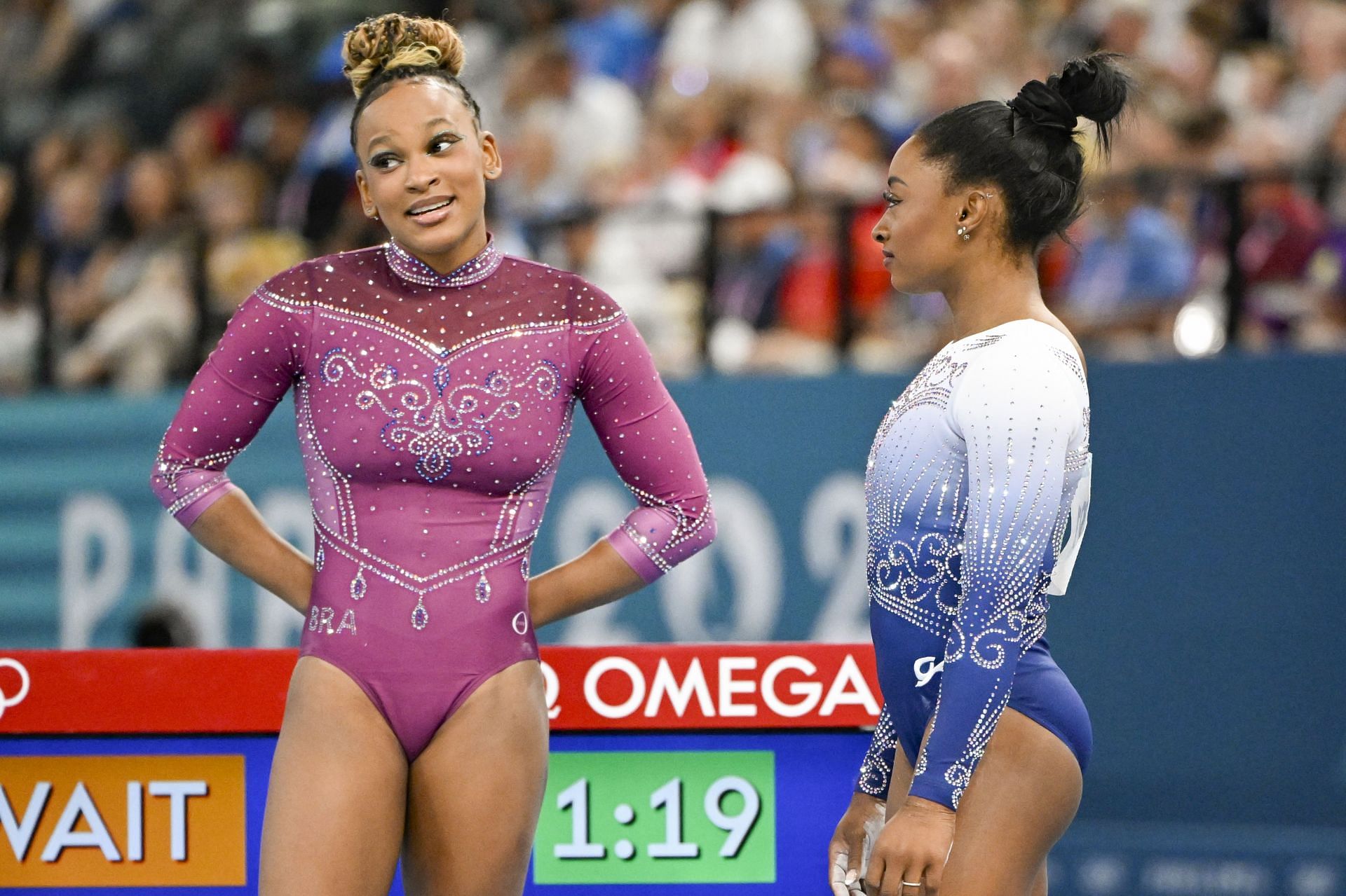 Biles and Andrade await the results of Balance Beam at the Paris Olympics 2024 [Image Source: Getty]