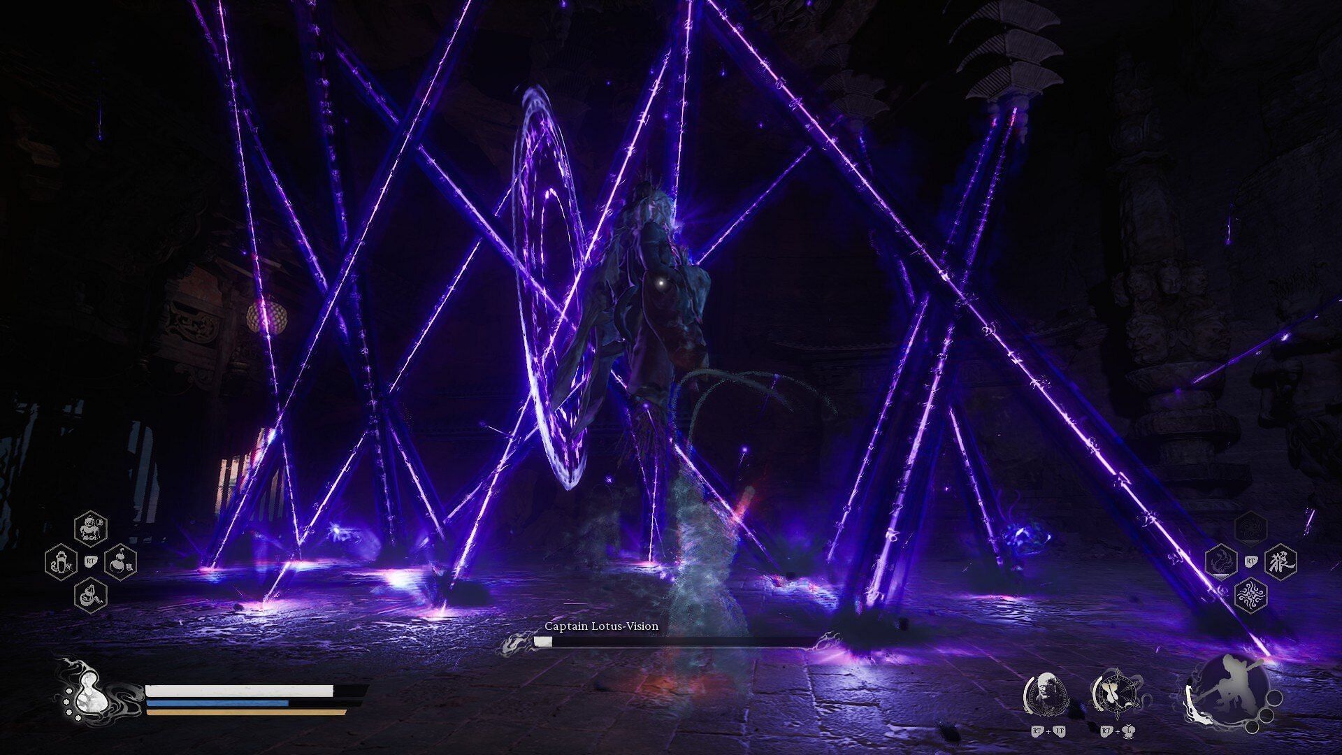 The projectile and laser attacks can be overwhelming in Captain Lotus-Vision&#039;s second phase (Image via GameScience)