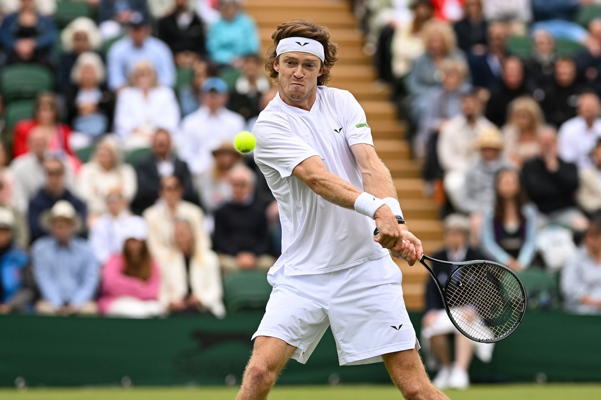 Rublev hits a backhand at Wimbledon (Source: Getty)