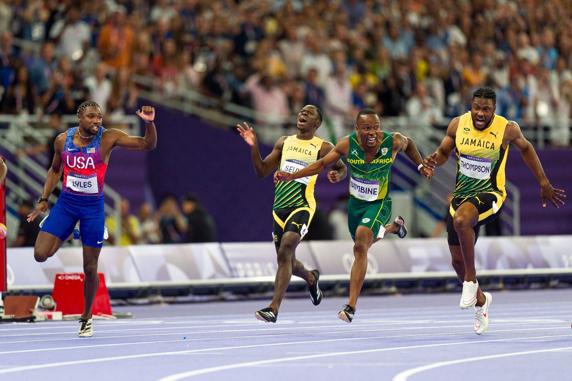 Kishane Thompson of Jamaica [Extreme right] in action during the Men&#039;s 100m final at the Paris Olympics 2024 [Image Source : Getty]