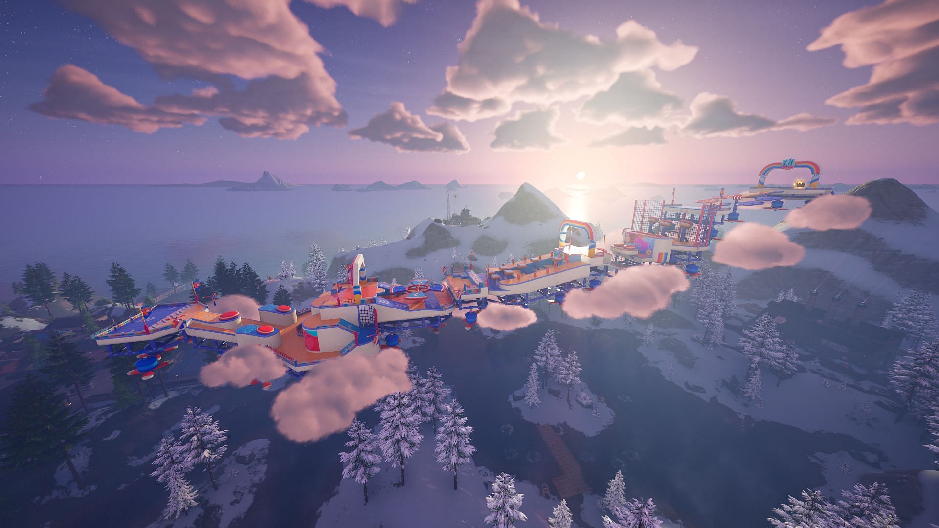 The Fall Guys minigame features an obstacle course floating over the Island. (Image via Epic Games)