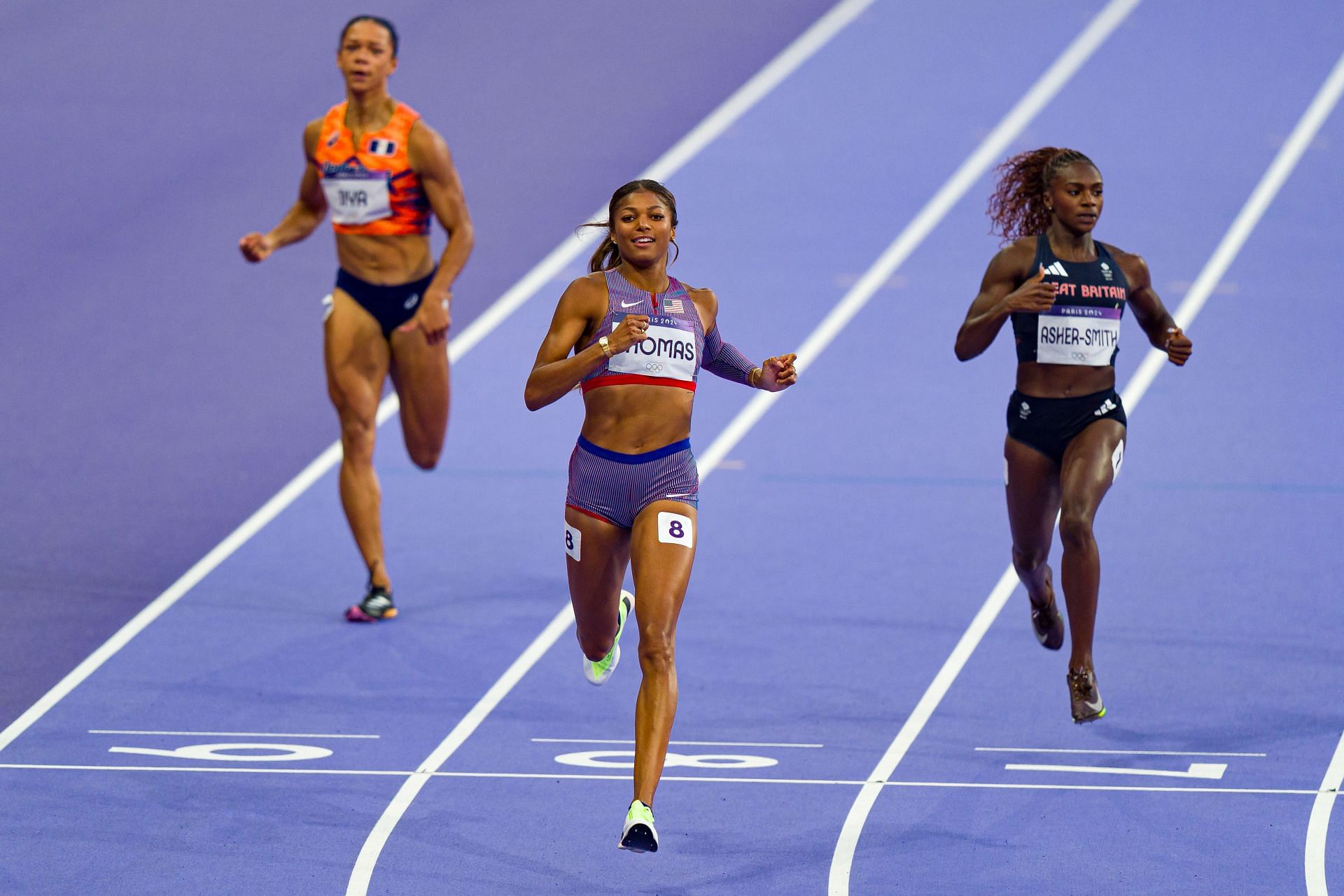 Gabrielle Thomas in action during the women&#039;s 200m semifinals at the Paris Olympics 2024 [Image Source: Getty]