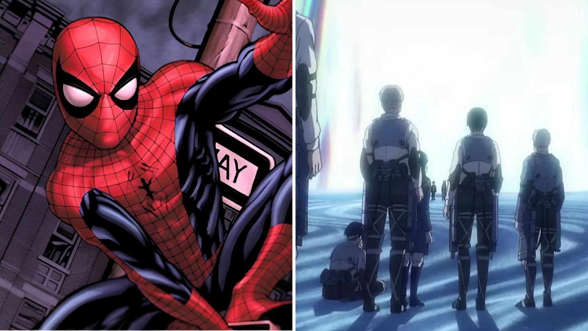 Spider-Man in Attack on Titan (Images via Marvel Comics and MAPPA)