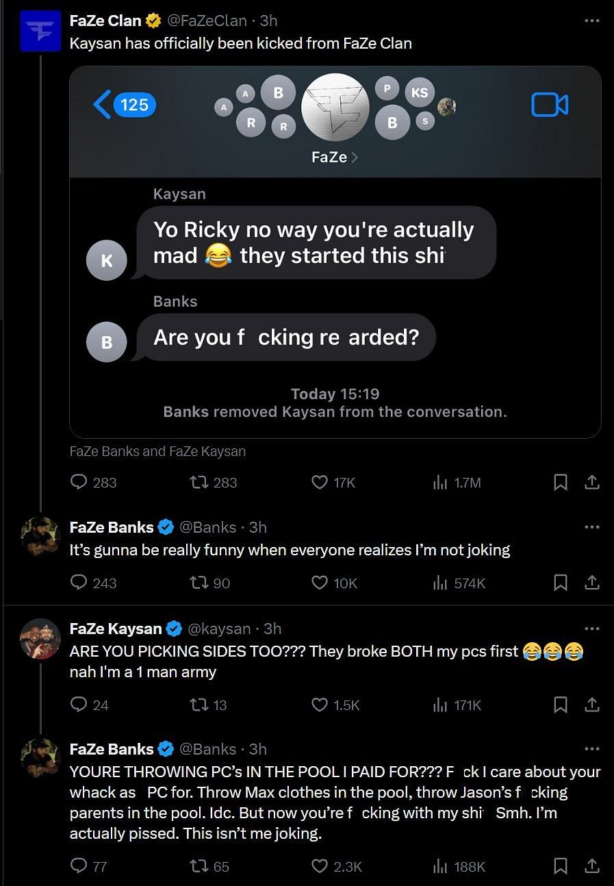 FaZe Banks says he is not joking about kicking out Kaysan (Image via X)