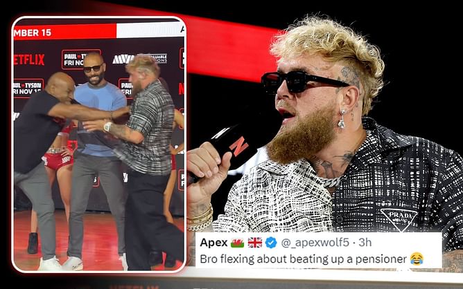 "I'm embarrassed for you" - Fans react to Jake Paul's nonchalant reaction after Mike Tyson shoves him during pre-fight face-off