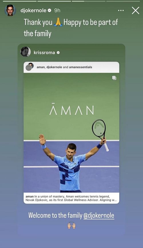 Novak Djokovic's Instagram story (@djokernole)