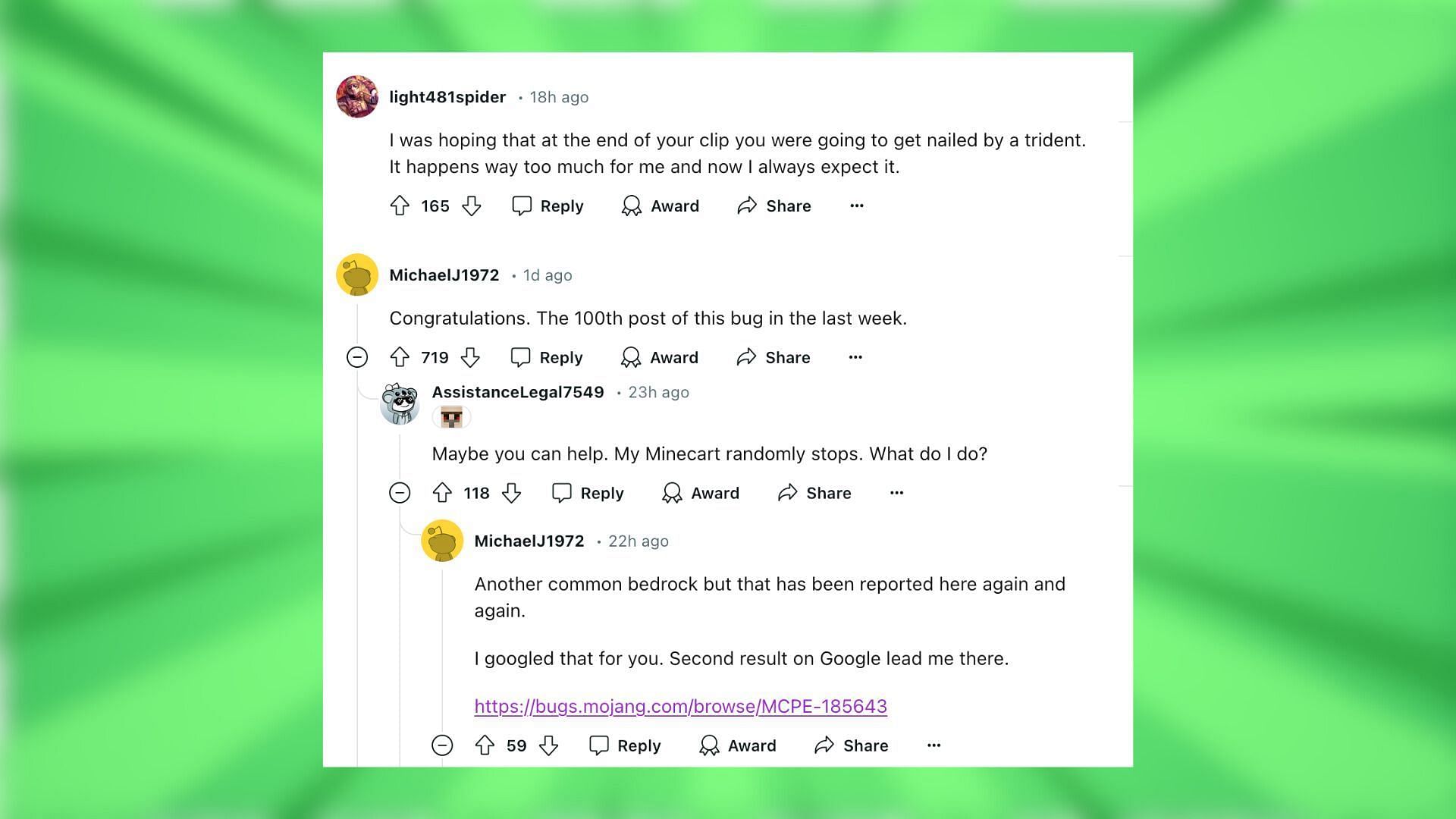 Reddit reacts to the Minecraft bug (Image via Reddit/I-aint-gotta-clue/Mojang Studios)