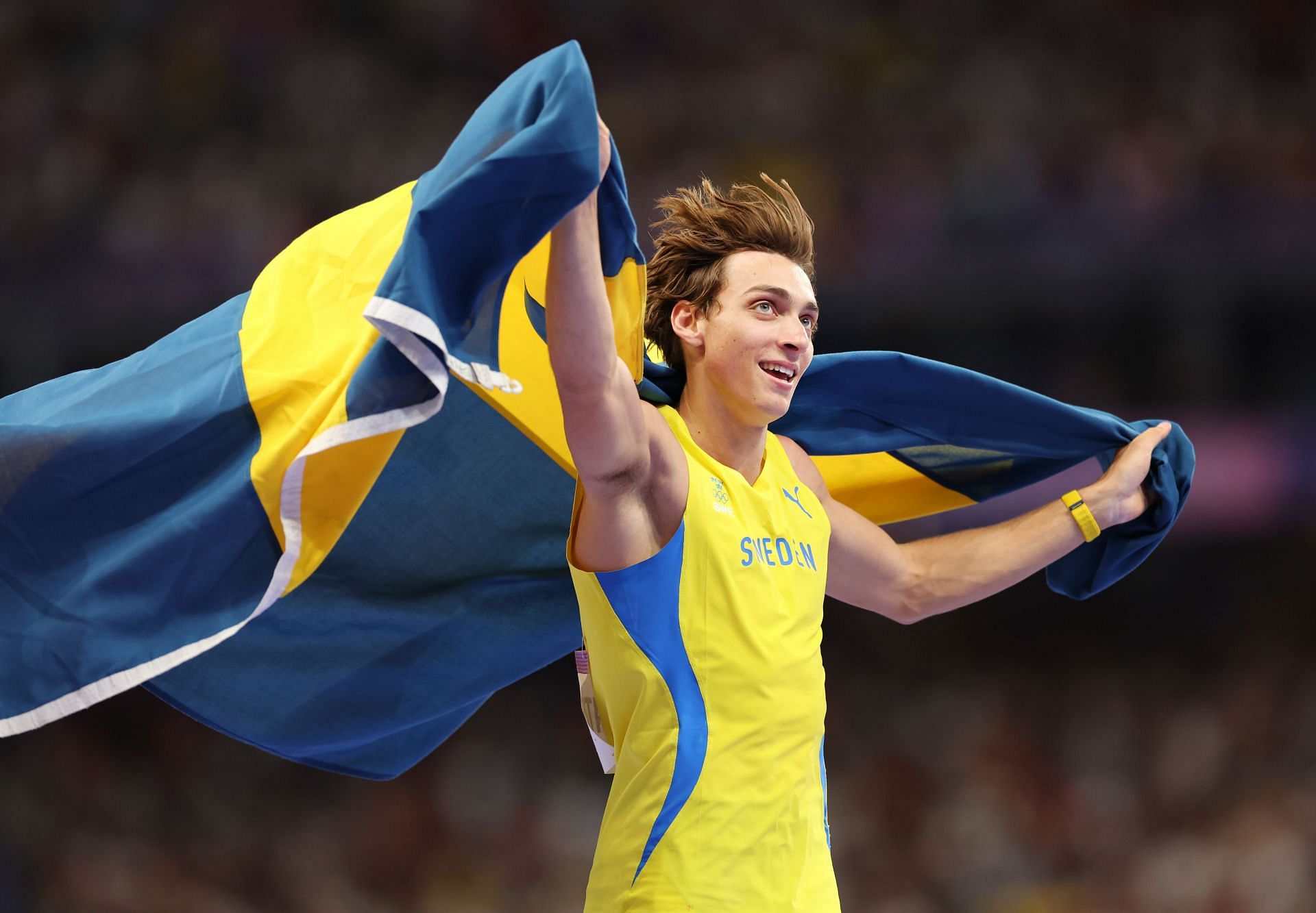 Armand Duplantis of Sweden celebrates after winning the Men&#039;s Pole Vault at the Paris Olympics [Image Source: Getty]