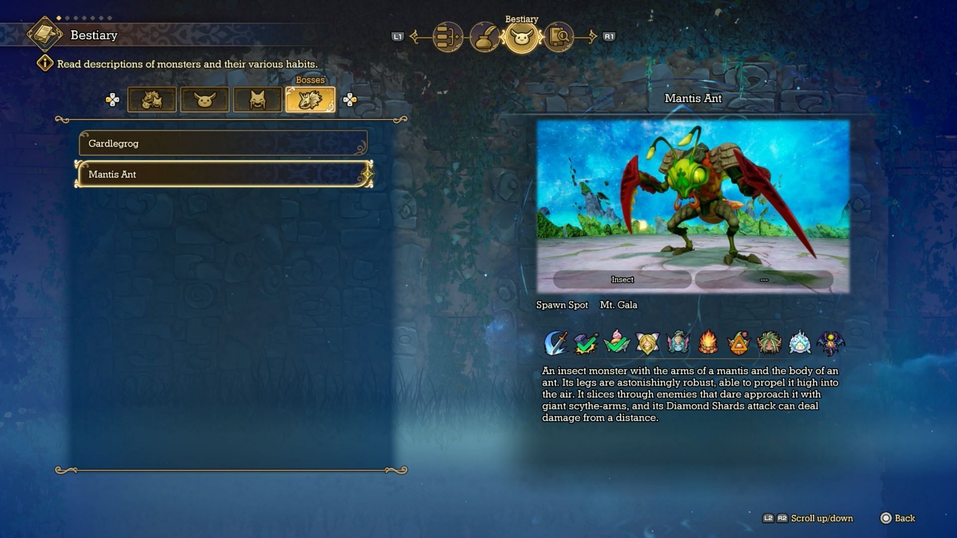 The bio menu for the Mantis Ant fight (Image via Square Enix)