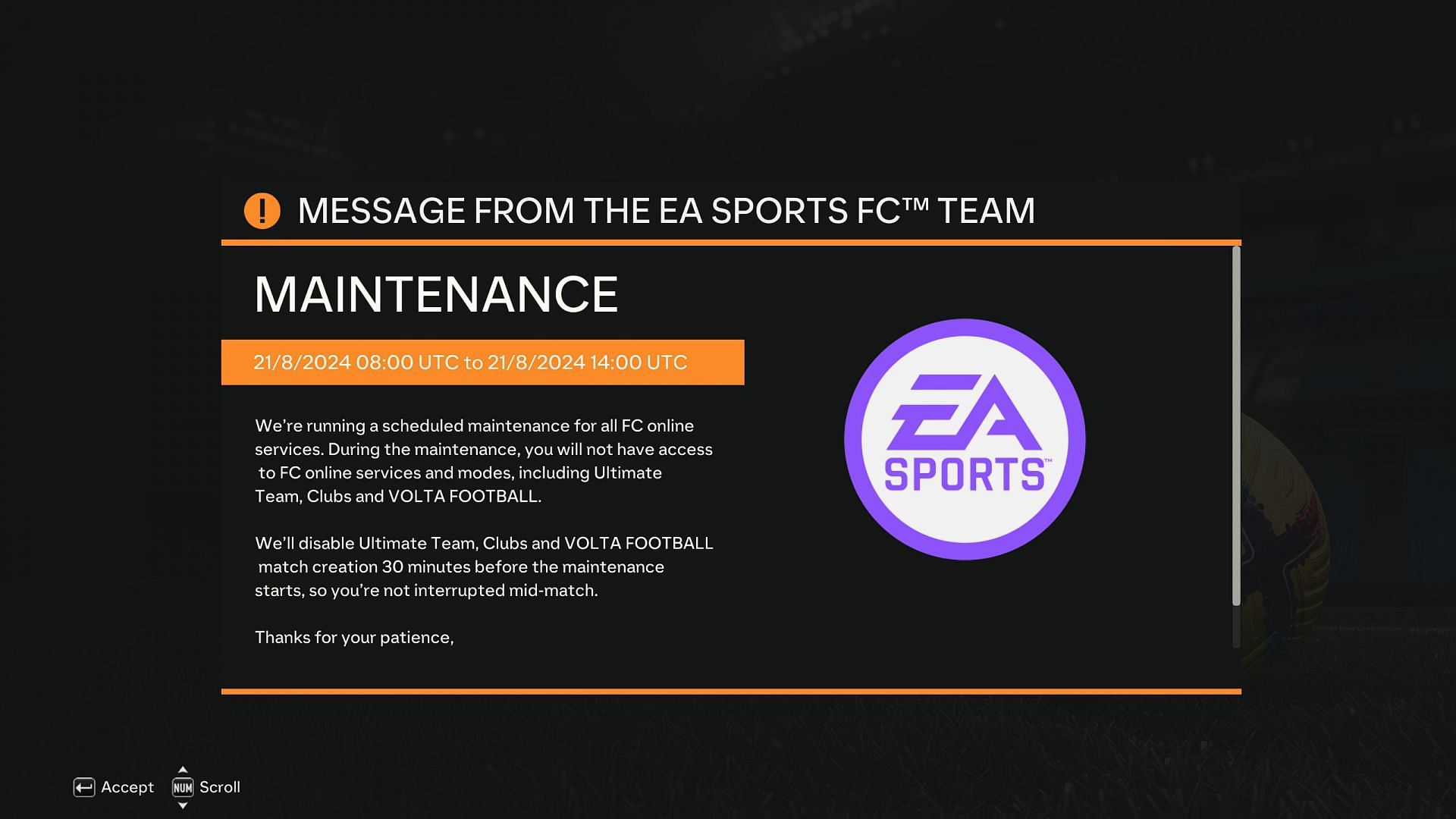 EA FC 24 maintenance break on August 21