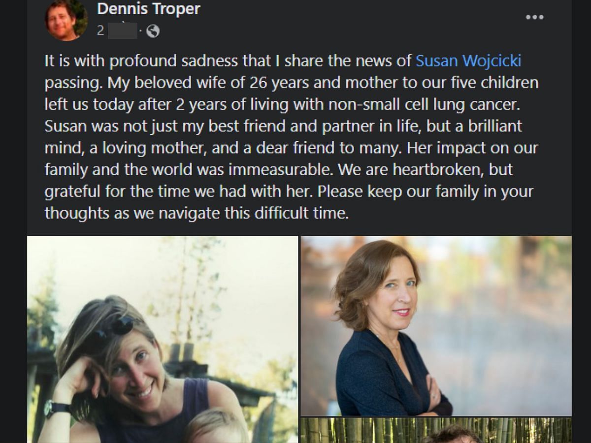 Wojcicki&#039;s husband announces the former YouTube CEO&#039;s death (Image via Facebook/Dennis Troper)