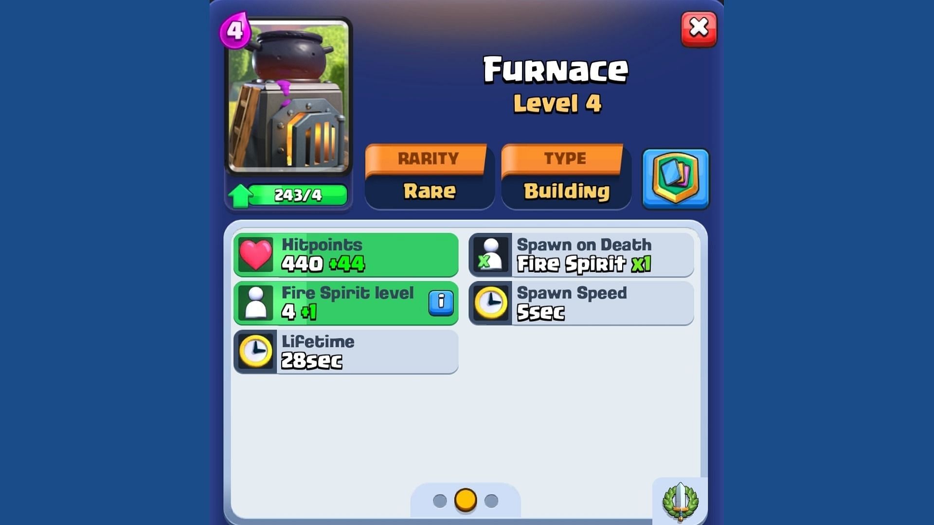 Stats of a level 4 Furnace in Clash Royale (Image via Supercell)