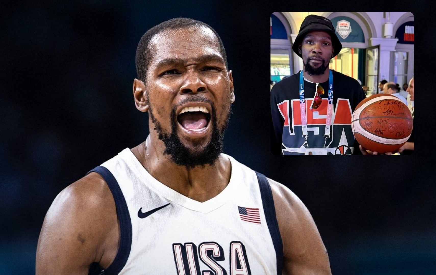 Kevin Durant receives the game ball autographed by Team USA players after becoming the all-time leading scorer in U.S Olympic basketball history in game against Brazil. (Photos from USA Basketball