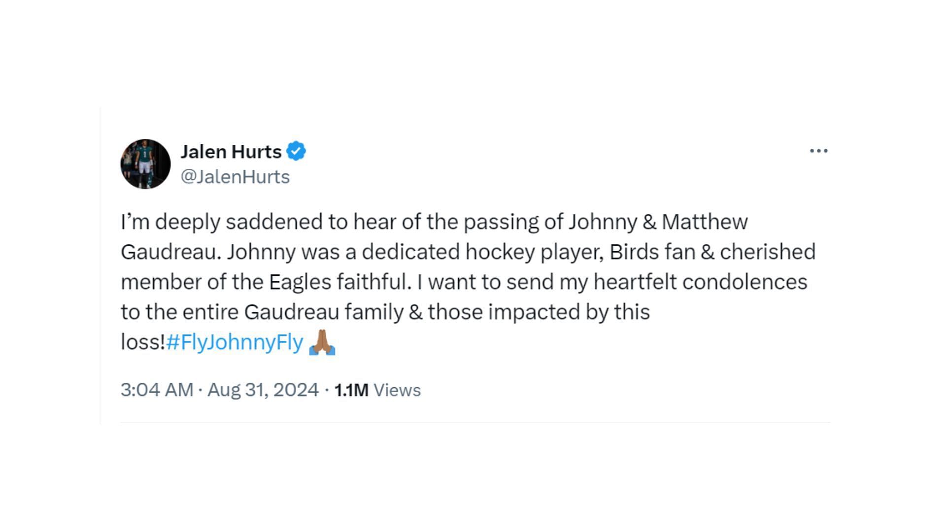 Philadelphia Eagles star Jalen Hurts reacts to Johnny Gaudreau's tragic death [Image credit: @JalenHurts Twitter]