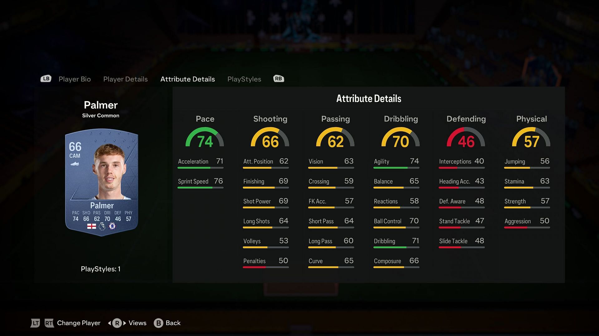 Stats of Cole Palmer&#039;s 66-Rated silver card in EA Fc 24 (Image via EA)