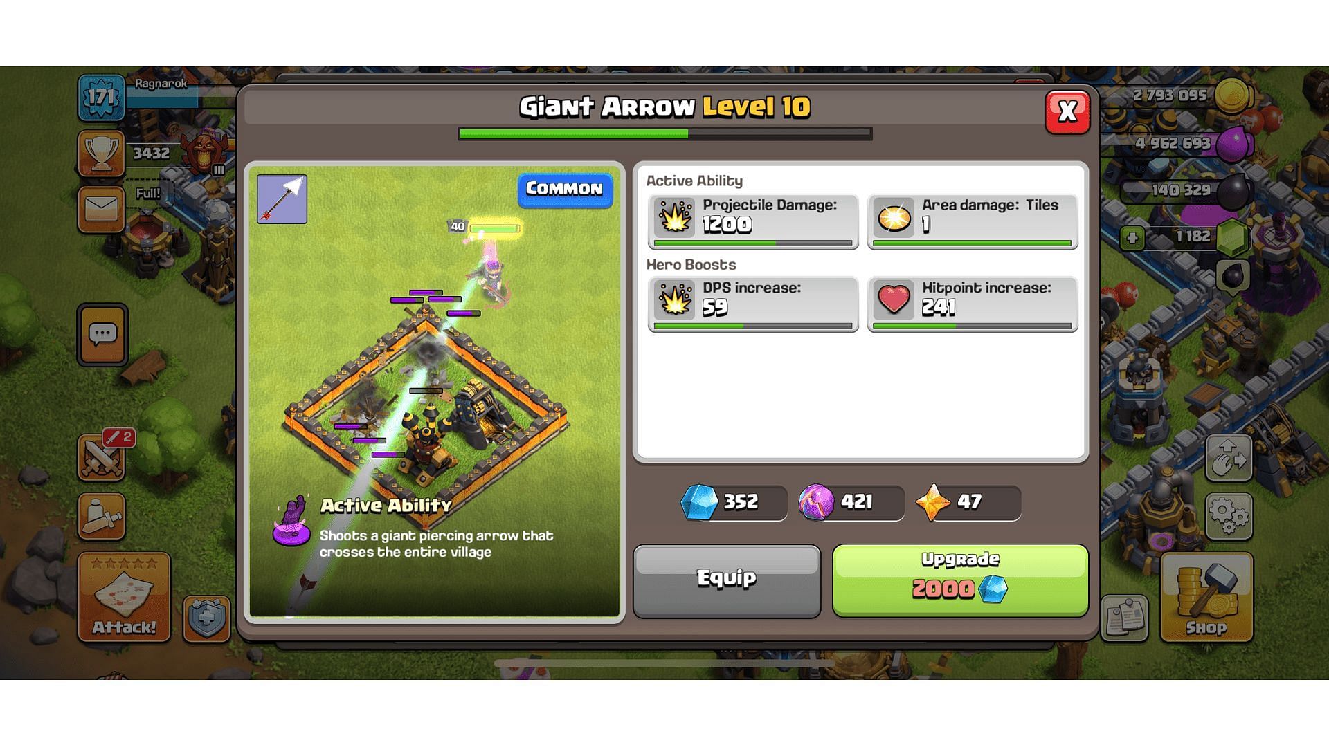 In-game description of Giant Arrow (Image via Supercell)