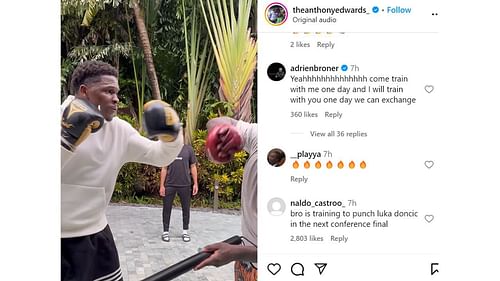 Adrien Broner reacts to Anthony Edwards boxing with a trainer. [Photo credit: IG/@theanthonyedwards]