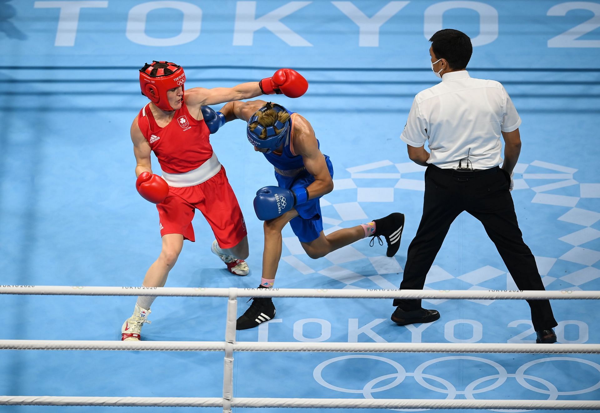 Imane Khelif (blue) in action at the Tokyo Olympics