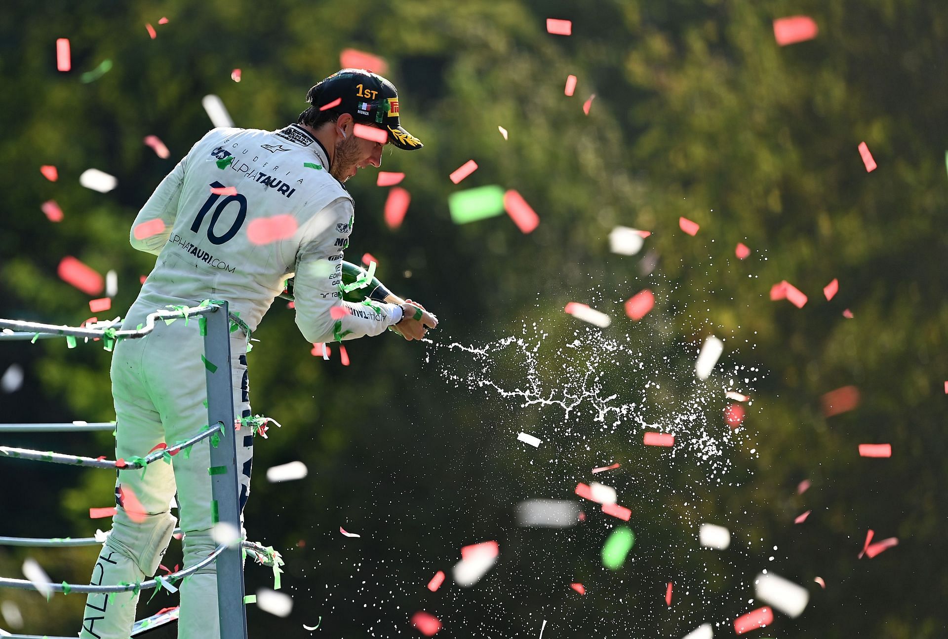 Pierre Gasly of France and Scuderia AlphaTauri celebrates on the podium