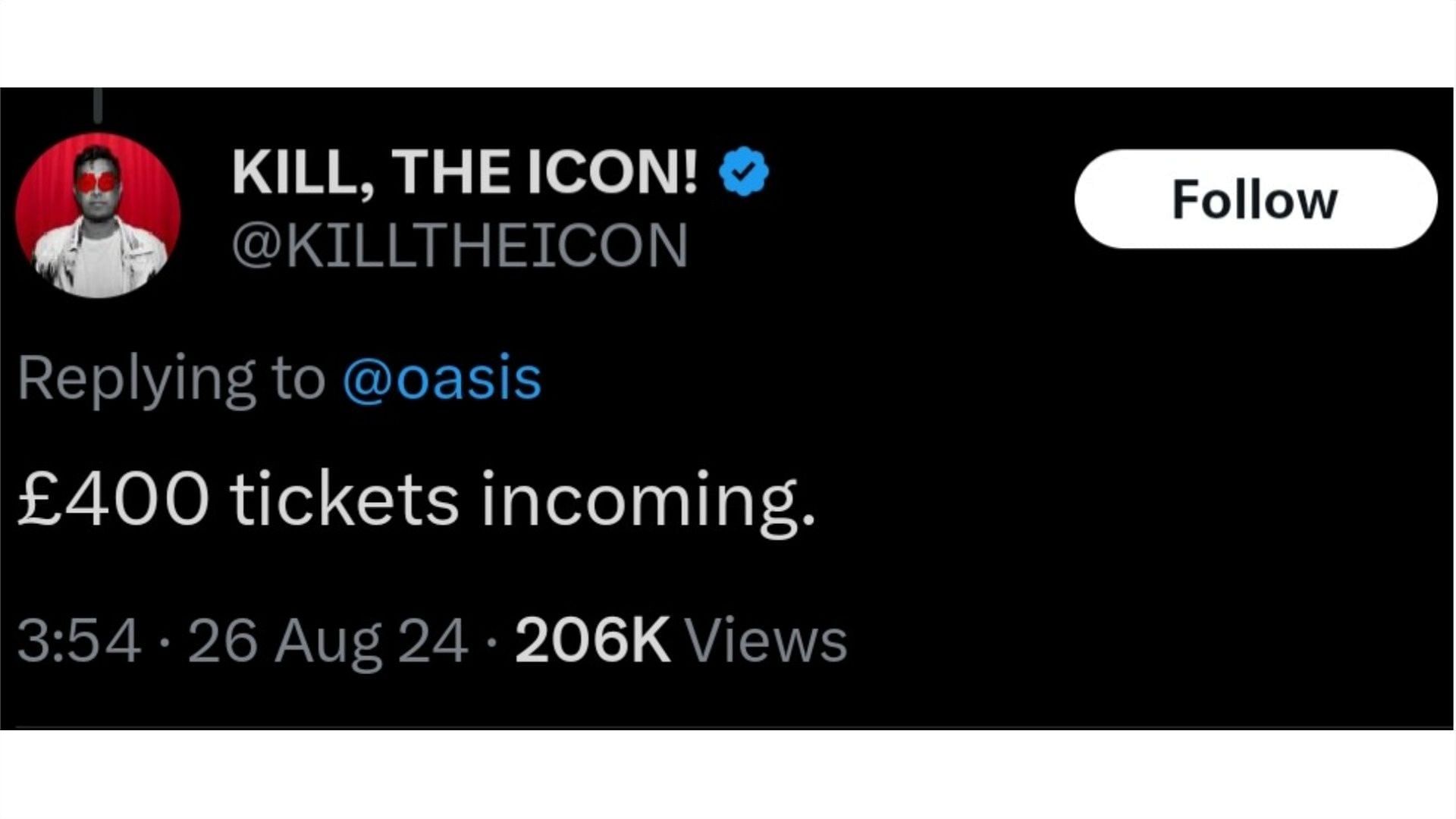 A user reacted to the reunion tour&#039;s ticket prices (Image via X/@KILLTHEICON)