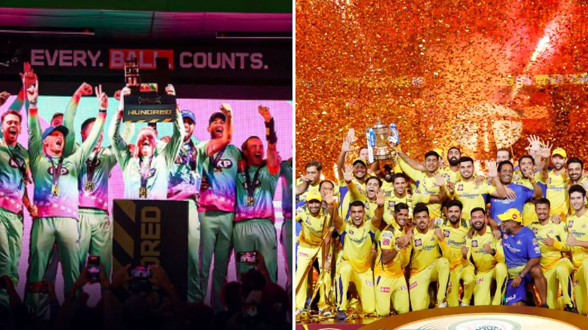 Oval Invincibles and Chennai Super Kings celebrate their tile wins in 2023 and 2024 respectively. Pic source: IPL/Hundred Insta