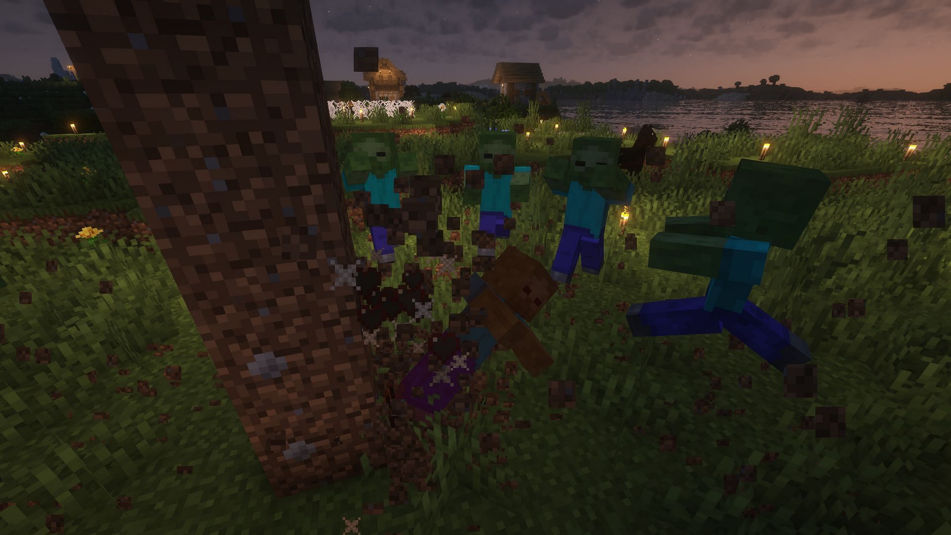 A group of zombies being blown back by a smash attack (Image via Mojang)