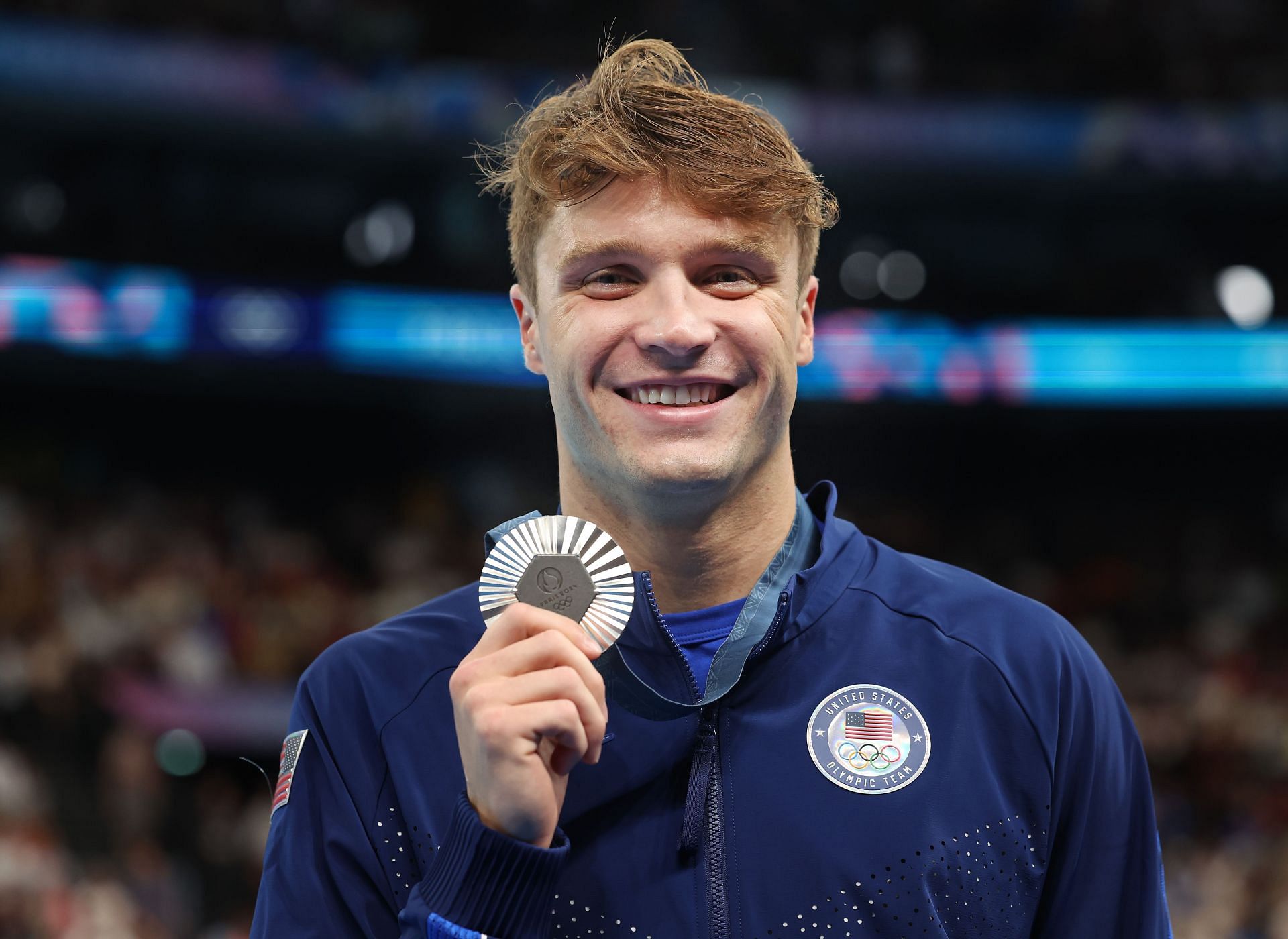 Robert &#039;Bobby&#039; Finke of Team USA with his silver medal from Men&#039;s 800m Freestyle at the Paris Olympics [Image Source: Getty]