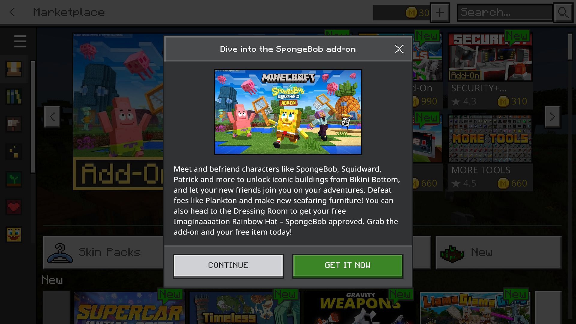 The SpongeBob Squarepants add-on can be purchased from the Minecraft Marketplace (Image via Mojang)