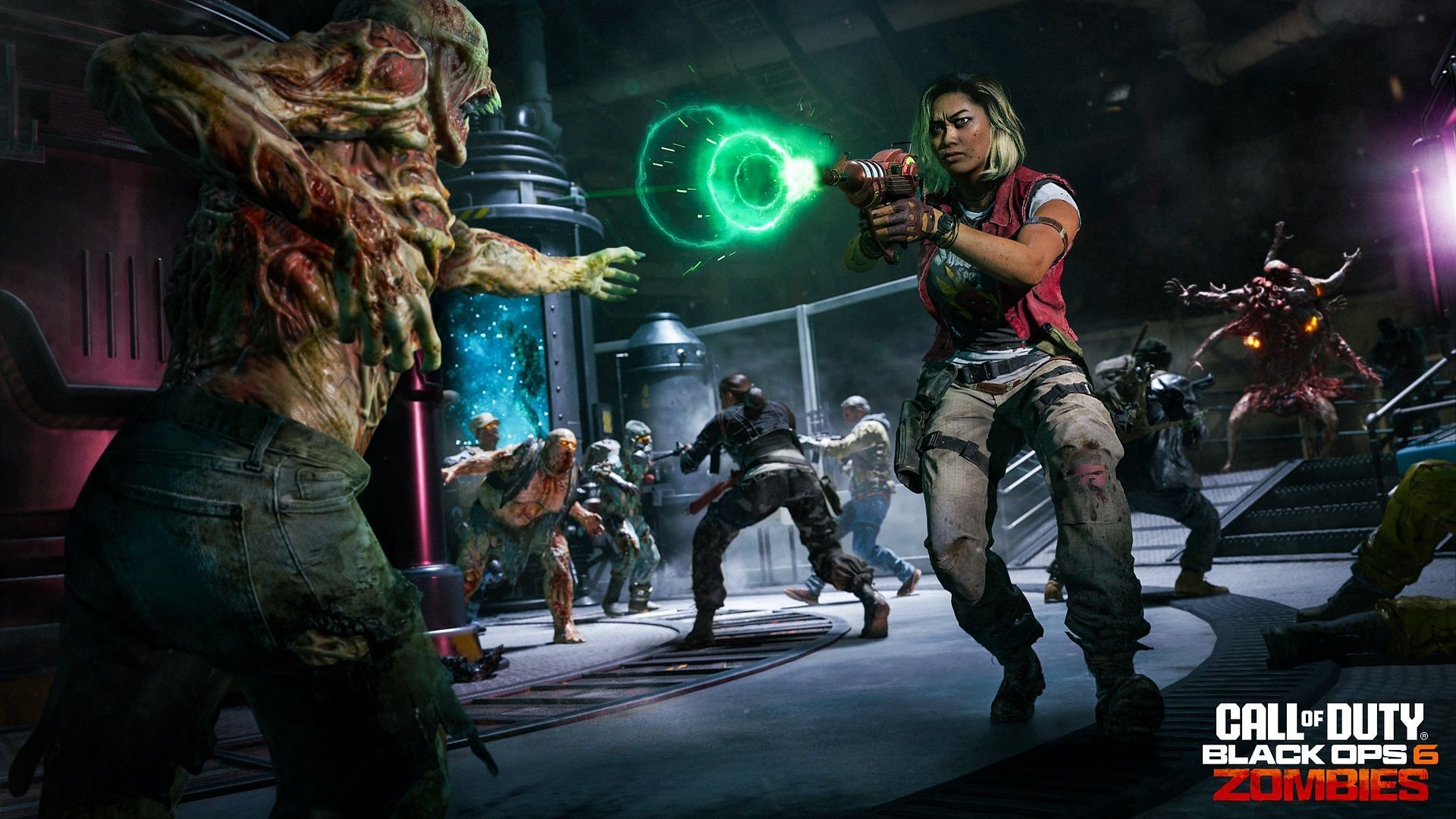 An Operator in Black Ops 6 Zombies using the Ray Gun to shoot zombies