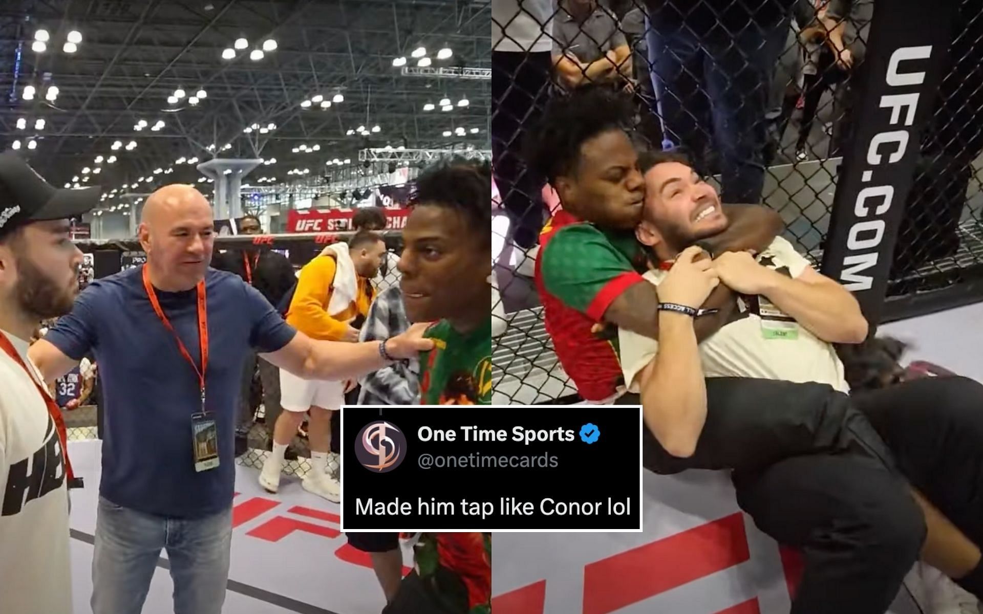 Fans react (insert) to IShowSpeed chocking out Adin Ross (right) in front of Dana White (left, middle). [Image credit: Adin Ross