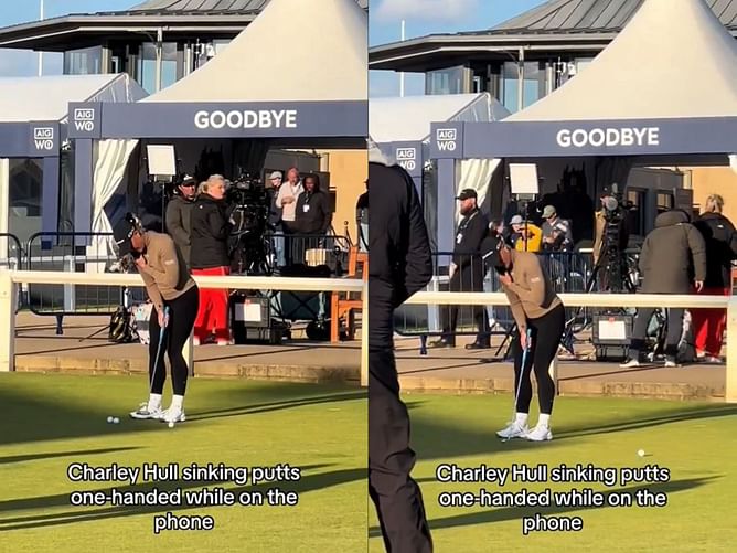 WATCH: Charley Hull casually sinks in one handed putt while talking on the phone at the AIG Women's Open