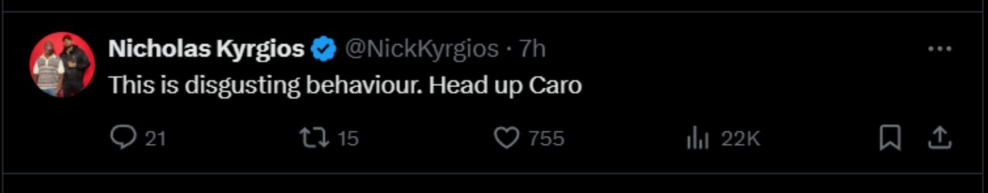 Screengrab of Nick Kyrgios' response to Caroline Garcia on X