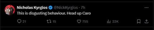 Screengrab of Nick Kyrgios' response to Caroline Garcia on X