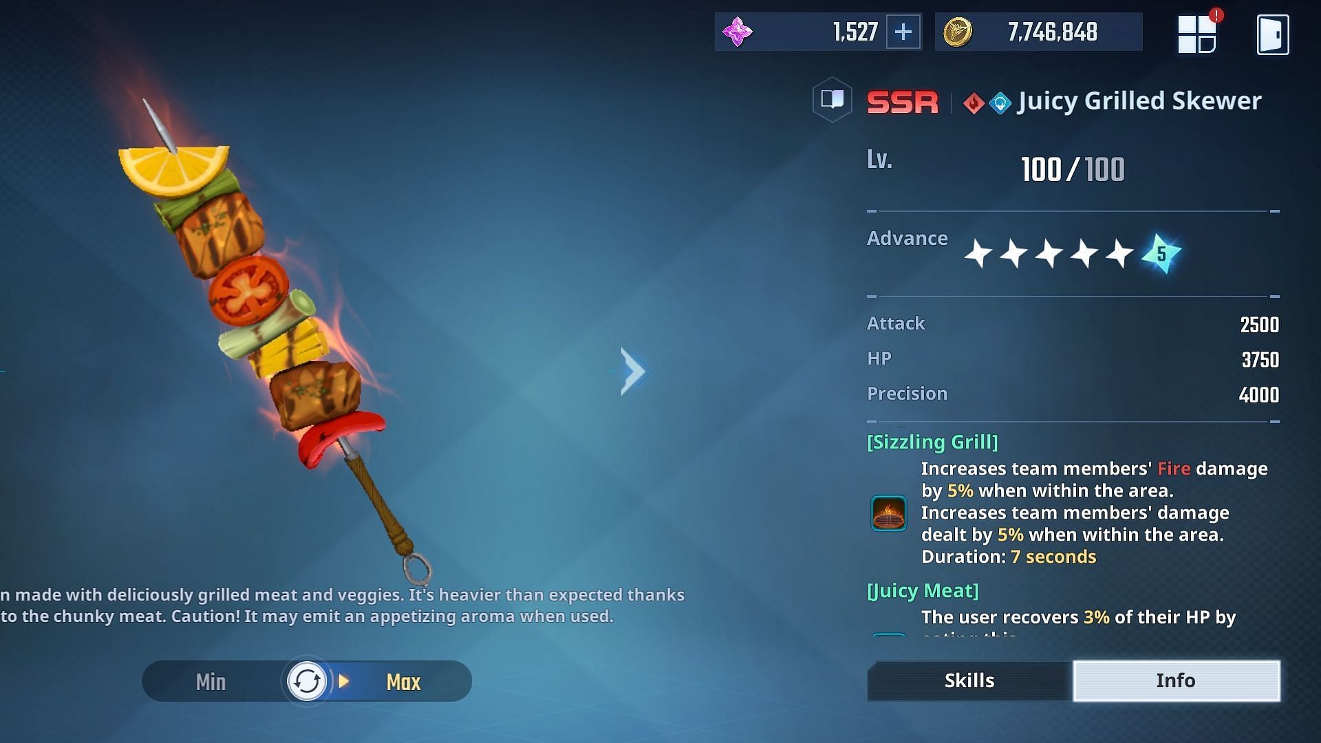 Stats of Juicy Grilled Skewer. (Image via Netmarble)